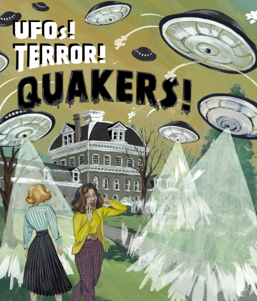 illustration of UFOs invading Swarthmore campus like a 1950s movie poster